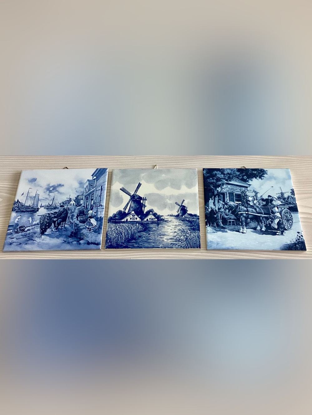 Delft Blue Holland Tile Set 3 Netherlands Windmill Wedding Carriage Fisherman